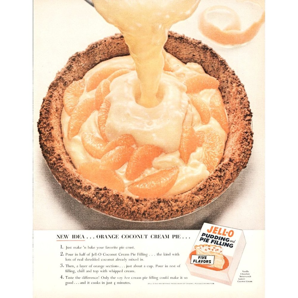 1956 Jell-o Jello Pudding Pie Filling Vintage Print Ad Orange Coconut Baking 50s